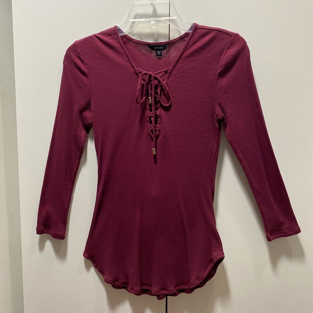 Lace-Up Ribbed Long-Sleeve Top - Plum - Picture 2 of 5